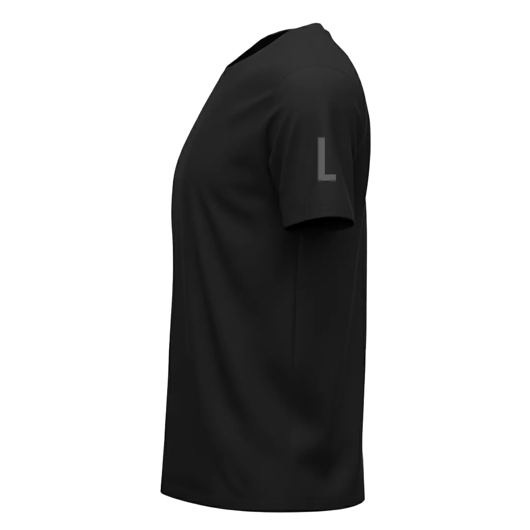 Left Sleeve view of a blank Black 220GSM half sleeve t-shirt made of 100% Australian Combed Cotton.