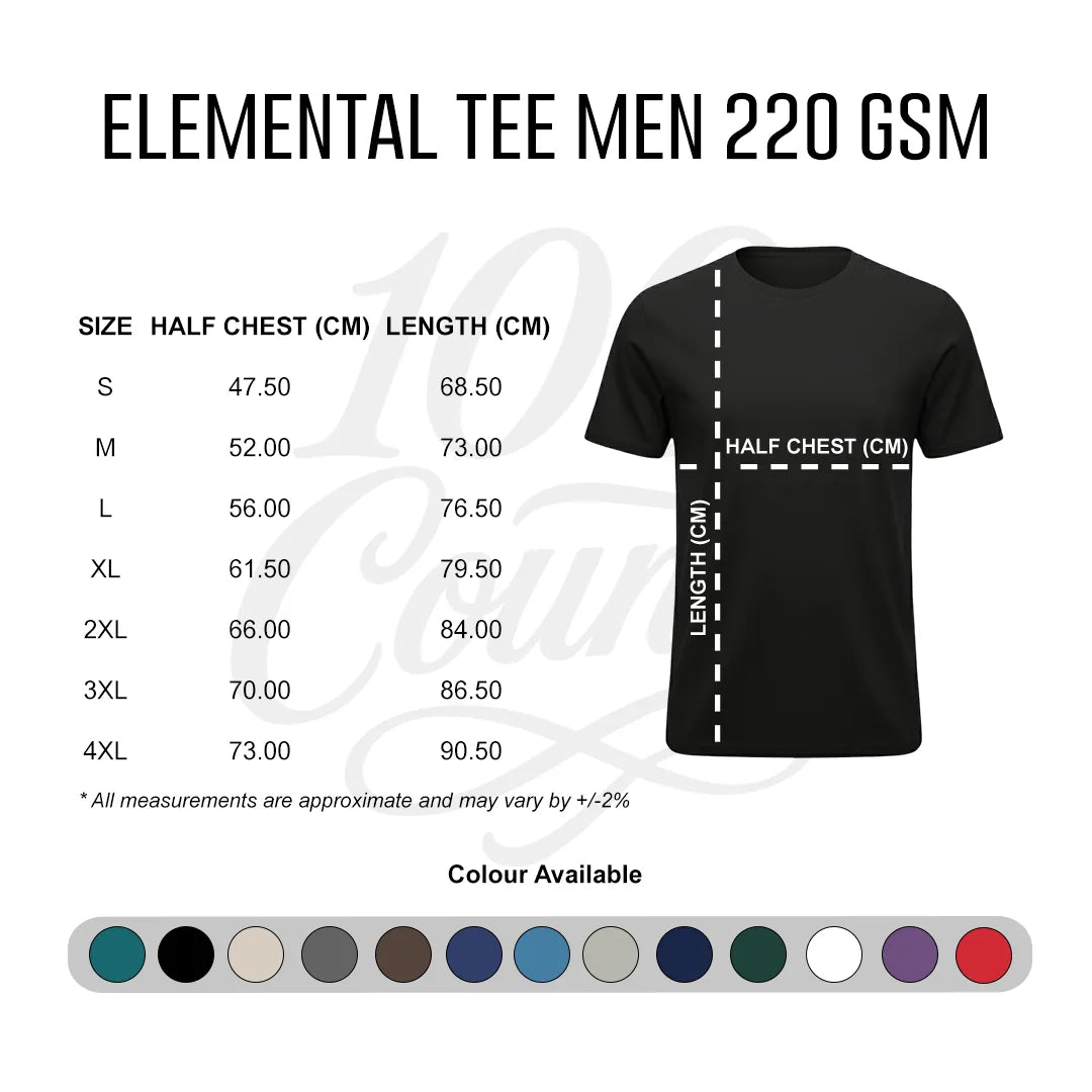 Black t-shirt with size chart and color swatch on a white background
