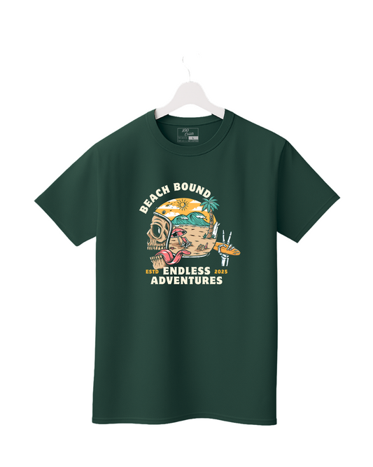 Green t-shirt with 'Beach Bound Endless Adventures' graphic on a white background
