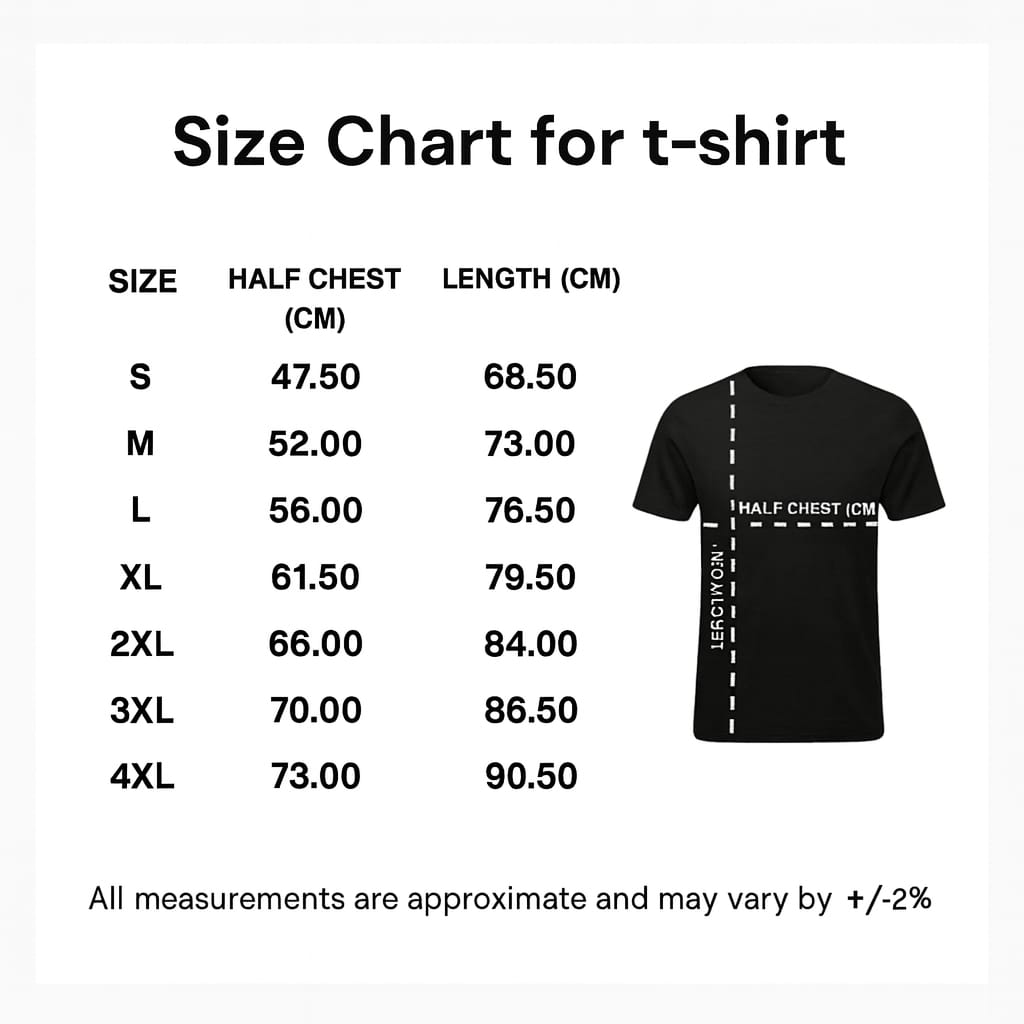 Size chart for t-shirt with measurements in centimeters
