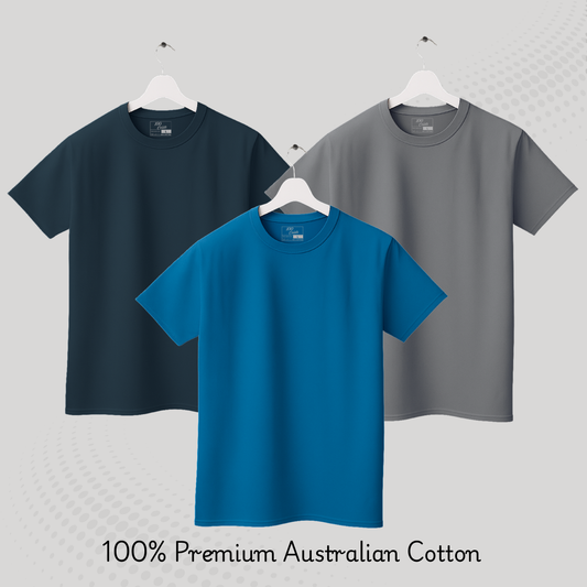 Men's Solid T-shirt-100% Australian Cotton (220 GSM) - Grey, Hydro & Indigo