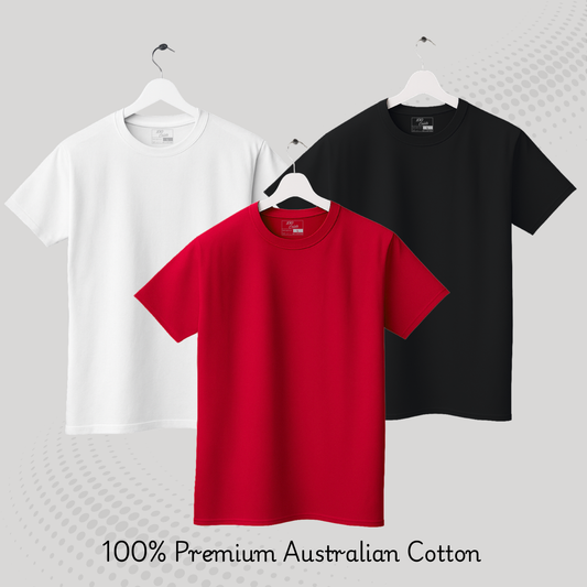 Men's Solid T-shirt-100% Australian Cotton (220 GSM) - Black, White & Red