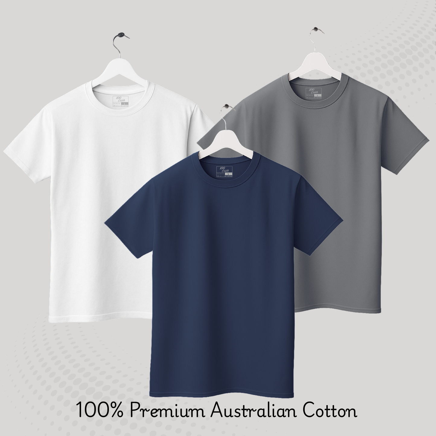 Men's Solid T-shirt-100% Australian Cotton (220 GSM) - White, Navy & Grey