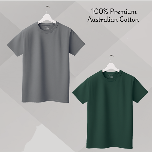 Men's Solid T-shirt-100% Australian Cotton (220 GSM) - Grey & Pine Green