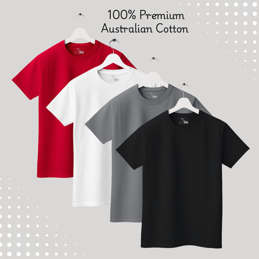Men's Solid T-shirt-100% Australian Cotton (220 GSM) - Black, White, Red & Grey