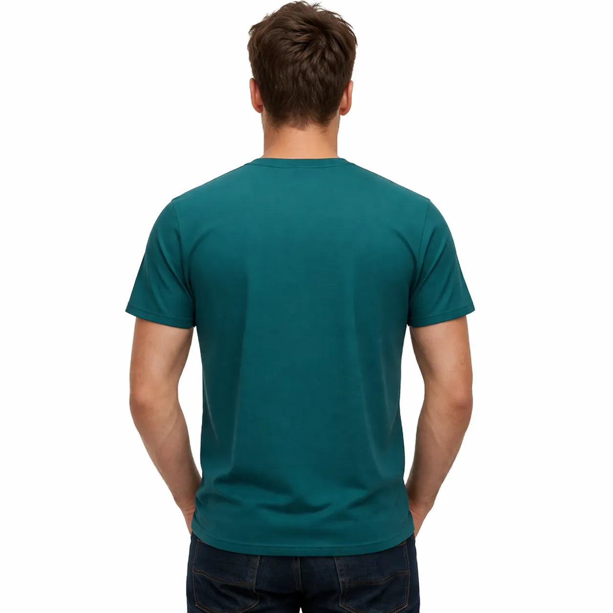 Back view of a male model wearing a blank Atlantic 220GSM half sleeve t-shirt made of 100% Australian Combed Cotton.