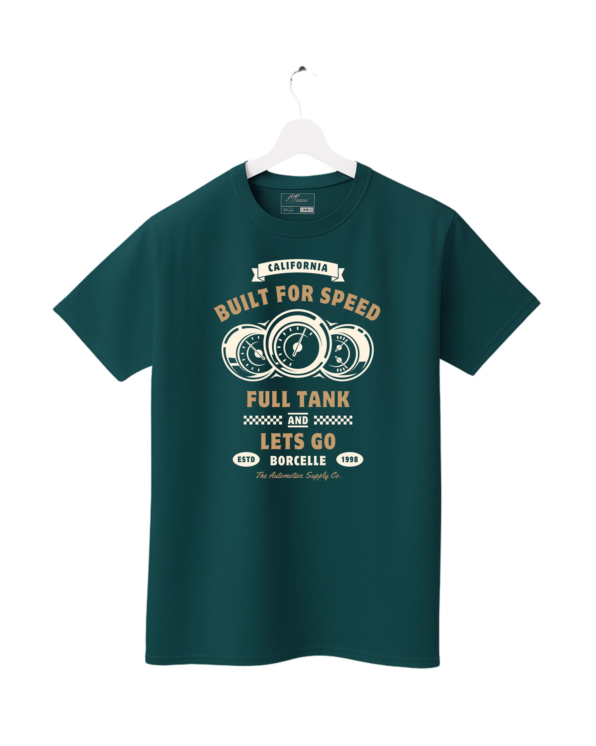 Teal t-shirt with graphic design on a white background