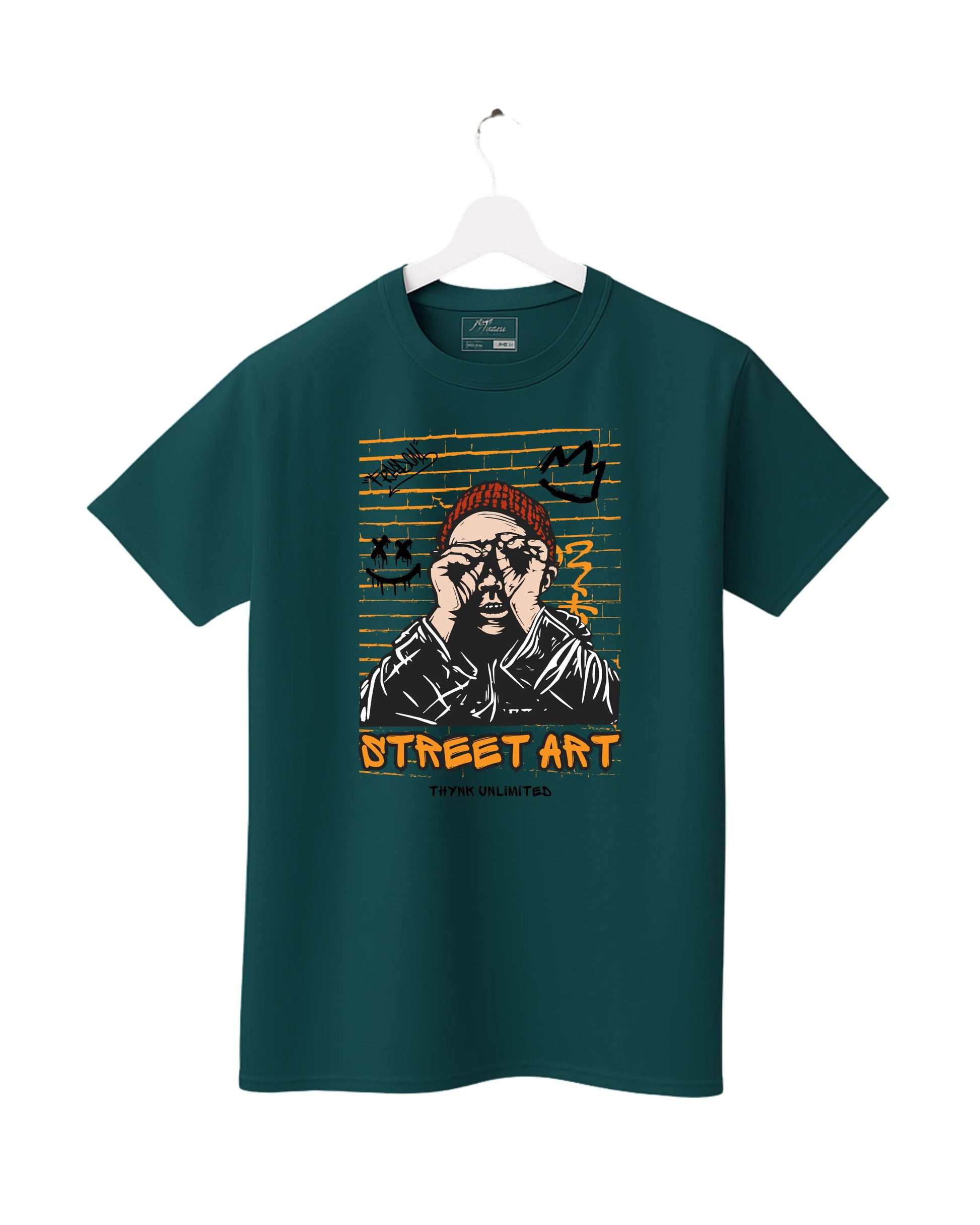 Teal t-shirt with street art design on a white background