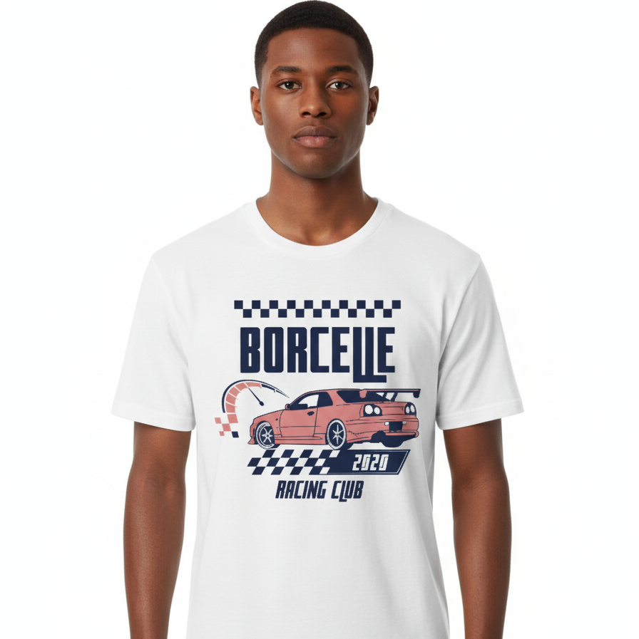 Person wearing a white t-shirt with a racing club design on a white background