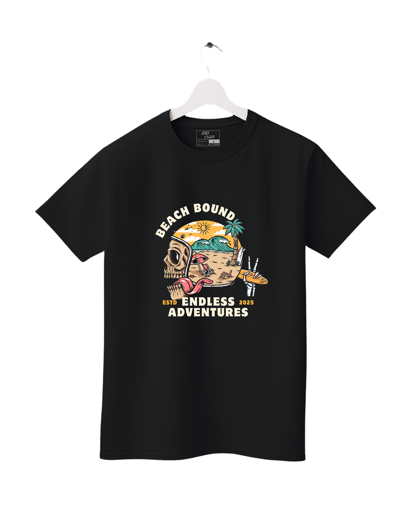 Black t-shirt with a graphic design on a white background