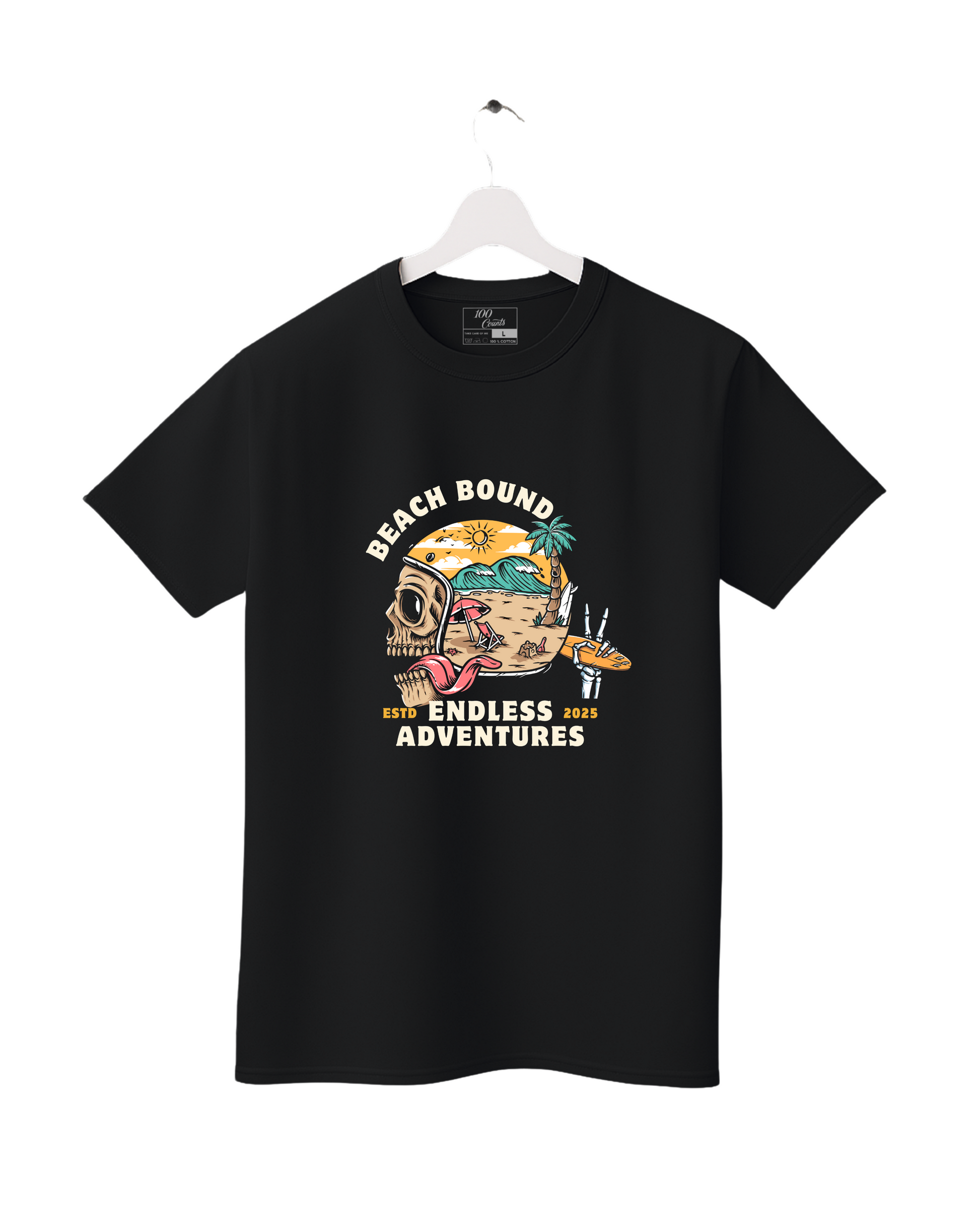 Black t-shirt with a graphic design on a white background