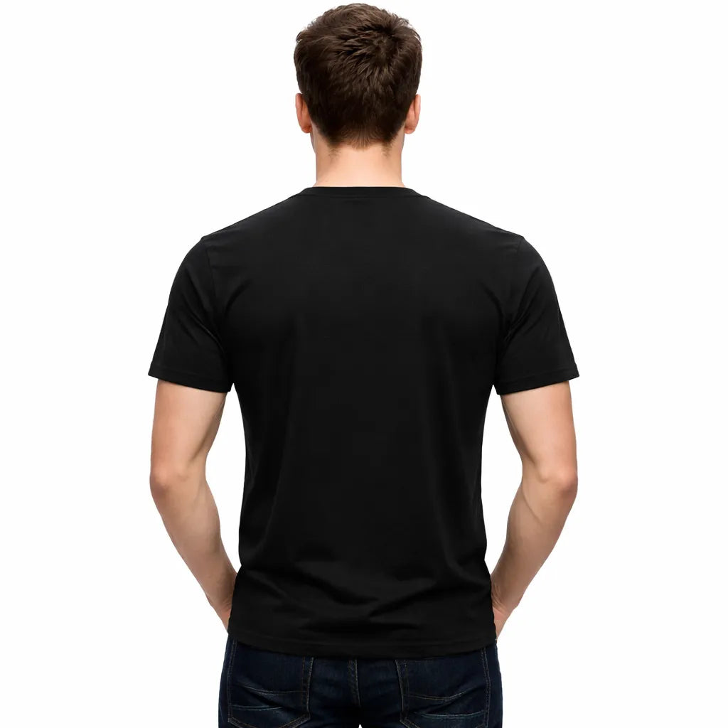 Back view of a male model wearing a blank Black 220GSM half sleeve t-shirt made of 100% Australian Combed Cotton.