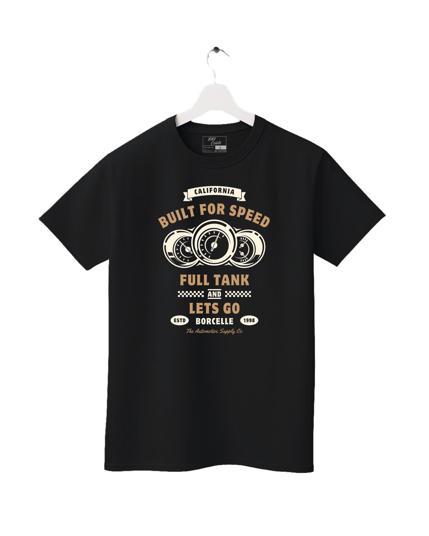 Black t-shirt with graphic design on a white background