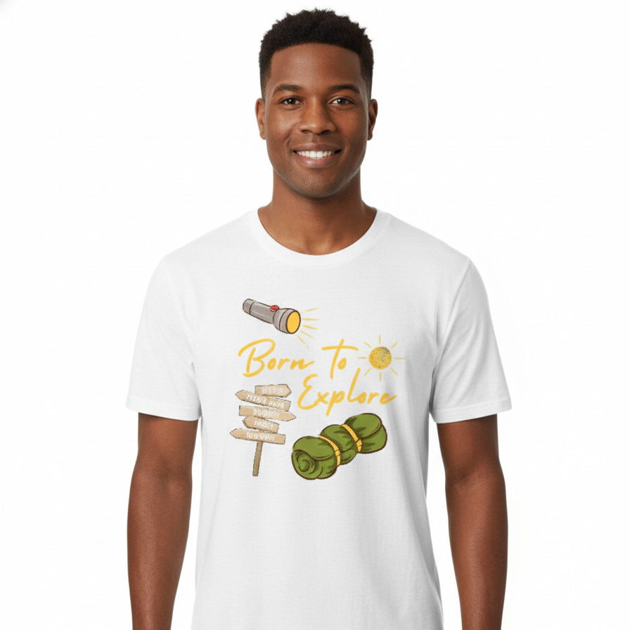 Man wearing a white t-shirt with a graphic design and text on a white background