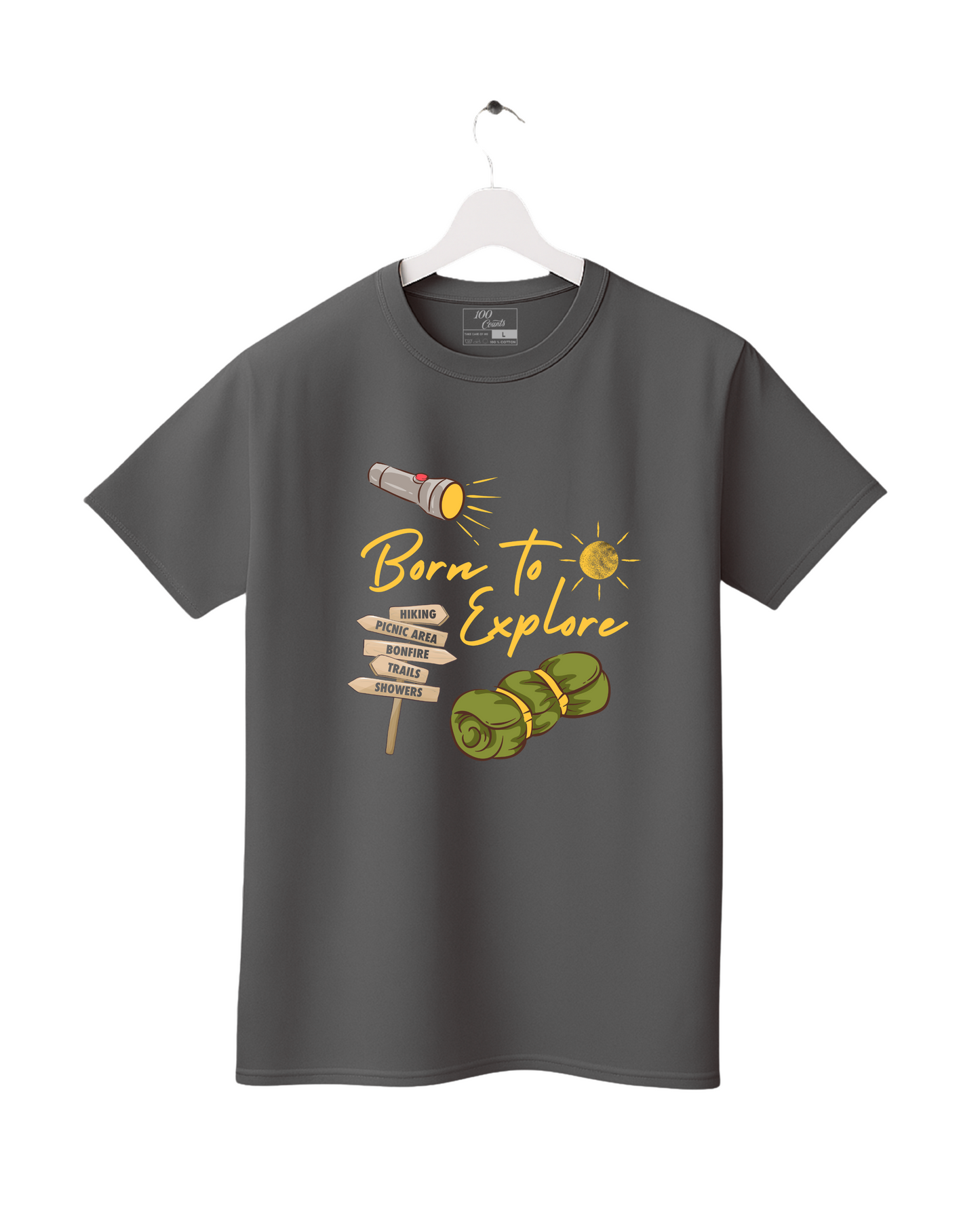 Gray t-shirt with 'Born to Explore' graphic design on a white background