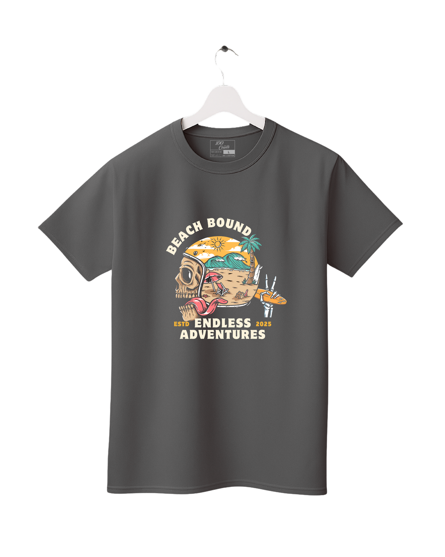 Gray t-shirt with 'Beach Bound Endless Adventures' graphic on a white background