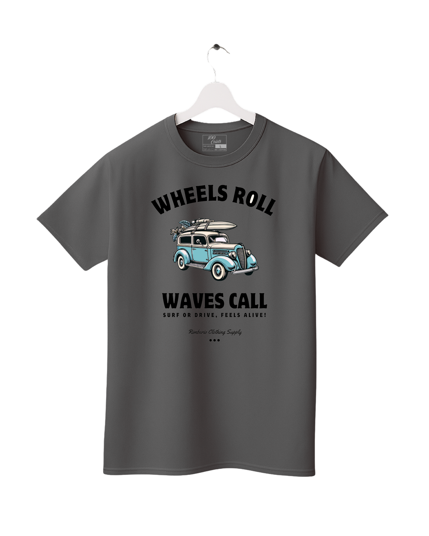 Gray t-shirt with vintage car graphic and text on a white background