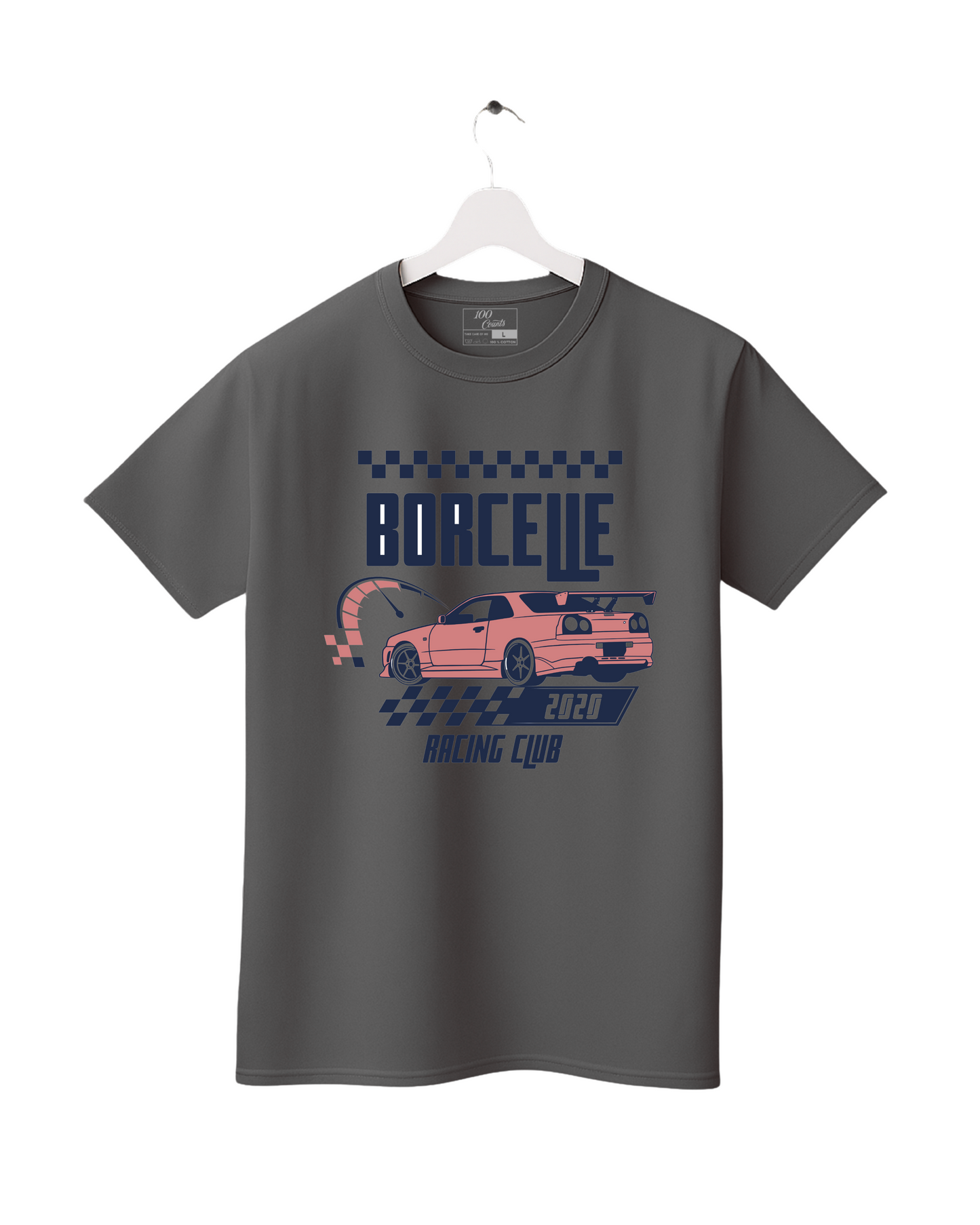 Gray t-shirt with a car graphic and text on a white background