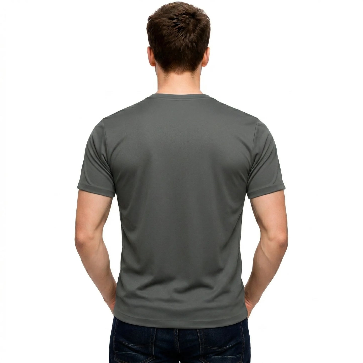 Back view of a male model wearing a blank Charcoal 220GSM half sleeve t-shirt made of 100% Australian Combed Cotton.