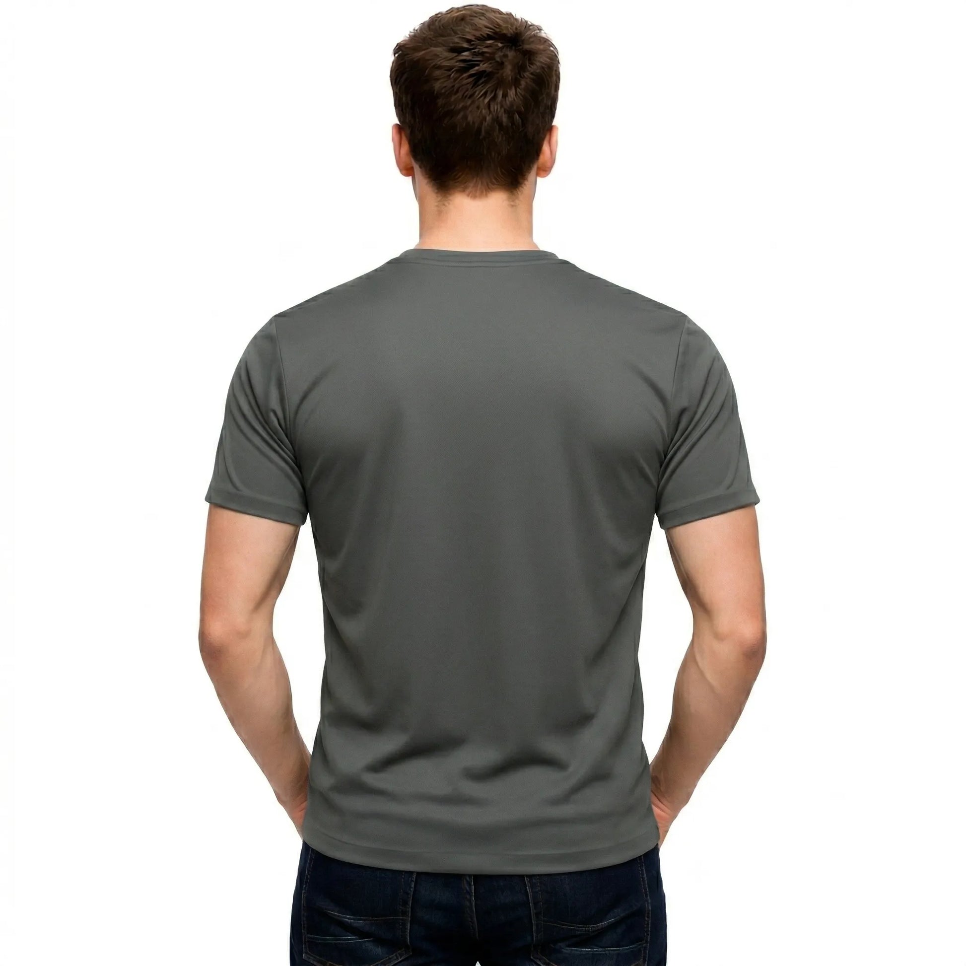 Back view of a male model wearing a blank Charcoal 220GSM half sleeve t-shirt made of 100% Australian Combed Cotton.