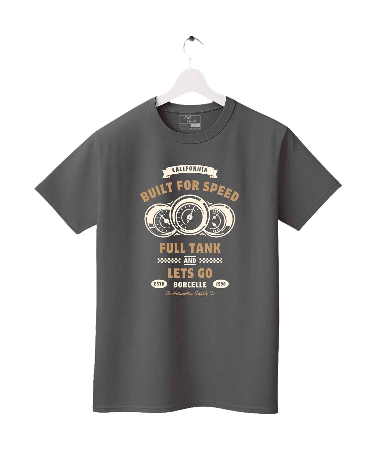 Grey t-shirt with graphic design on a white background