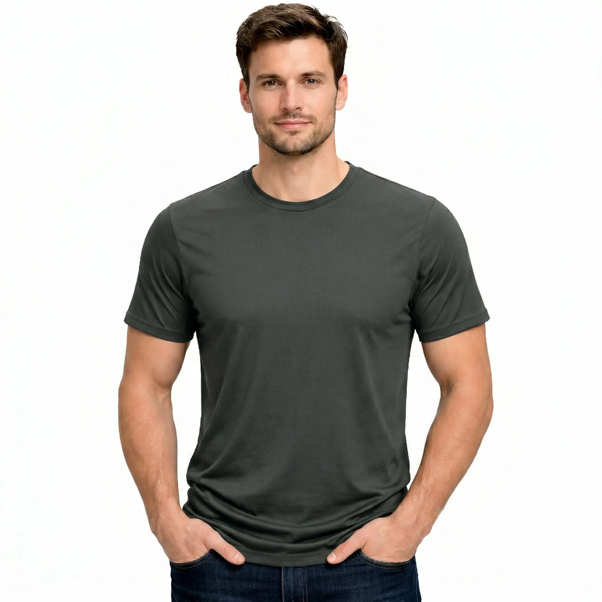 Front view of a male model wearing a blank Charcoal 220GSM half sleeve t-shirt made of 100% Australian Combed Cotton.