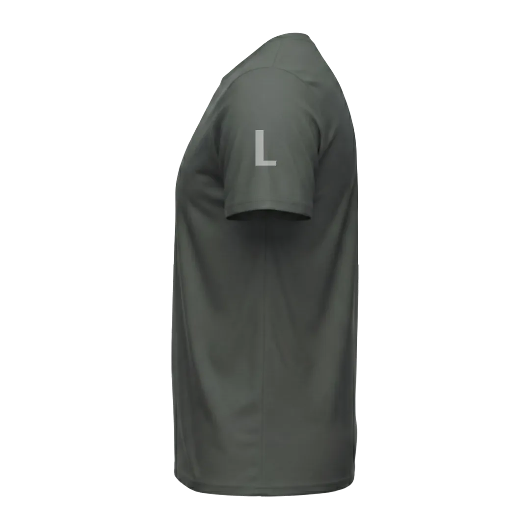 Left Sleeve view of a blank Charcoal 220GSM half sleeve t-shirt made of 100% Australian Combed Cotton.