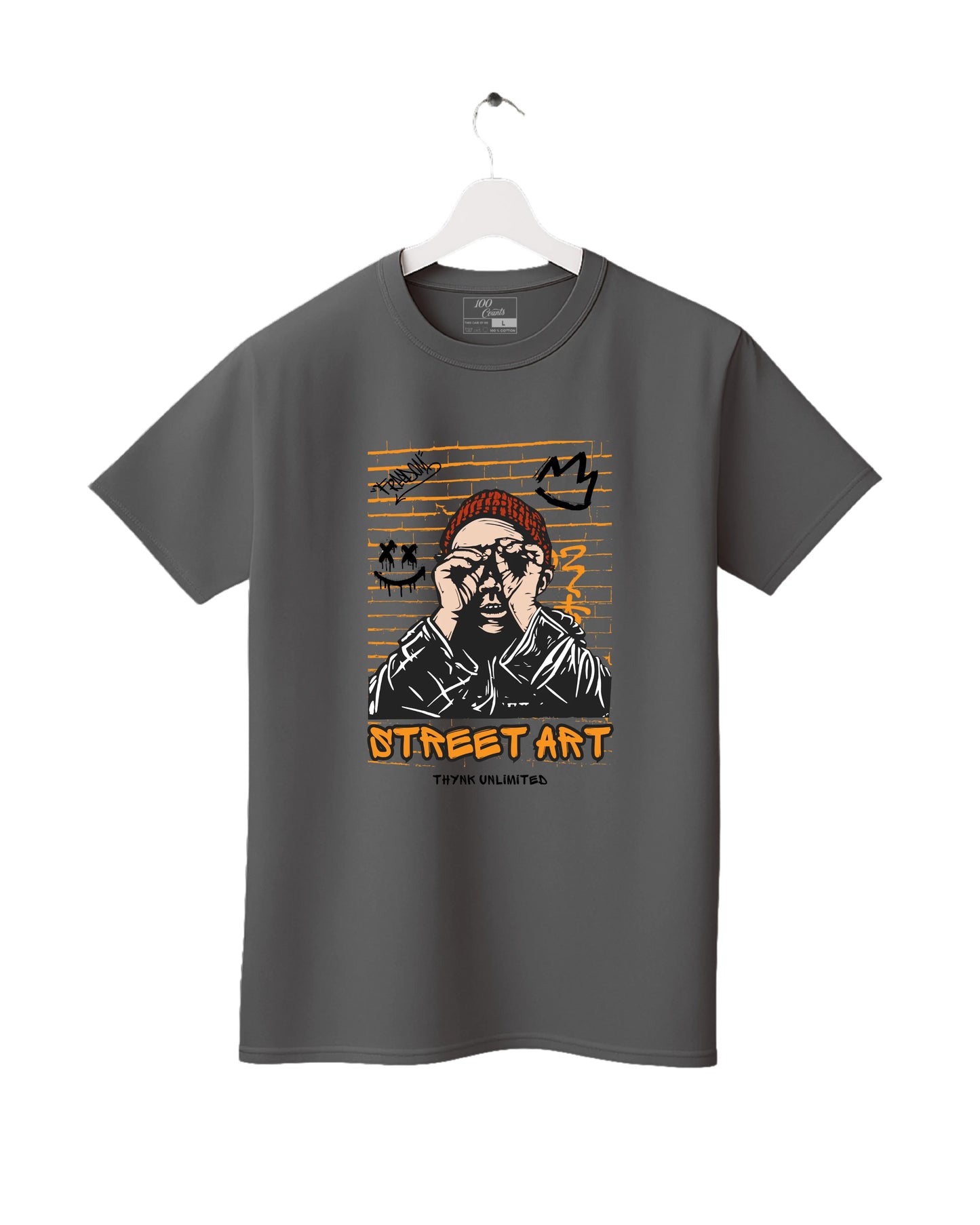 Grey t-shirt with street art design on a white background