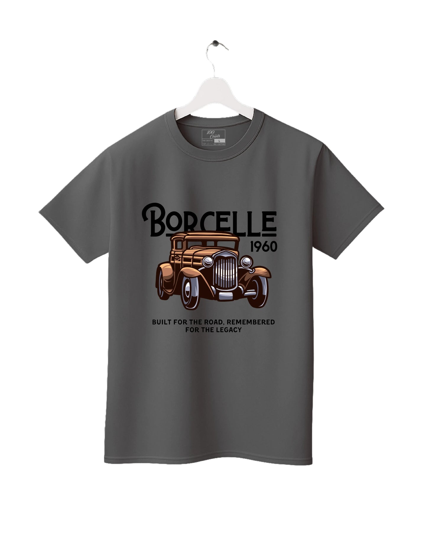 Gray t-shirt with vintage car graphic and text on a white background