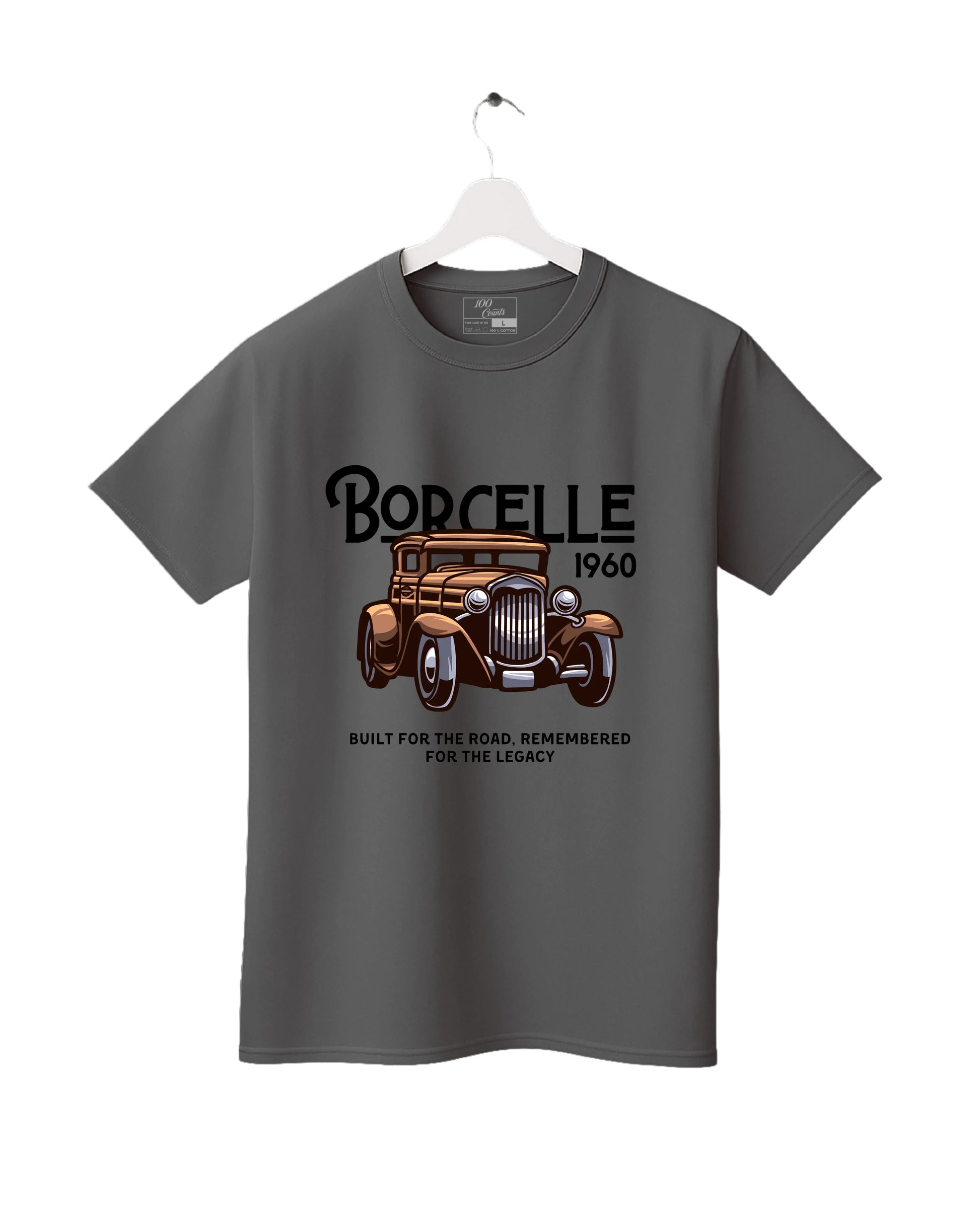 Gray t-shirt with vintage car graphic and text on a white background