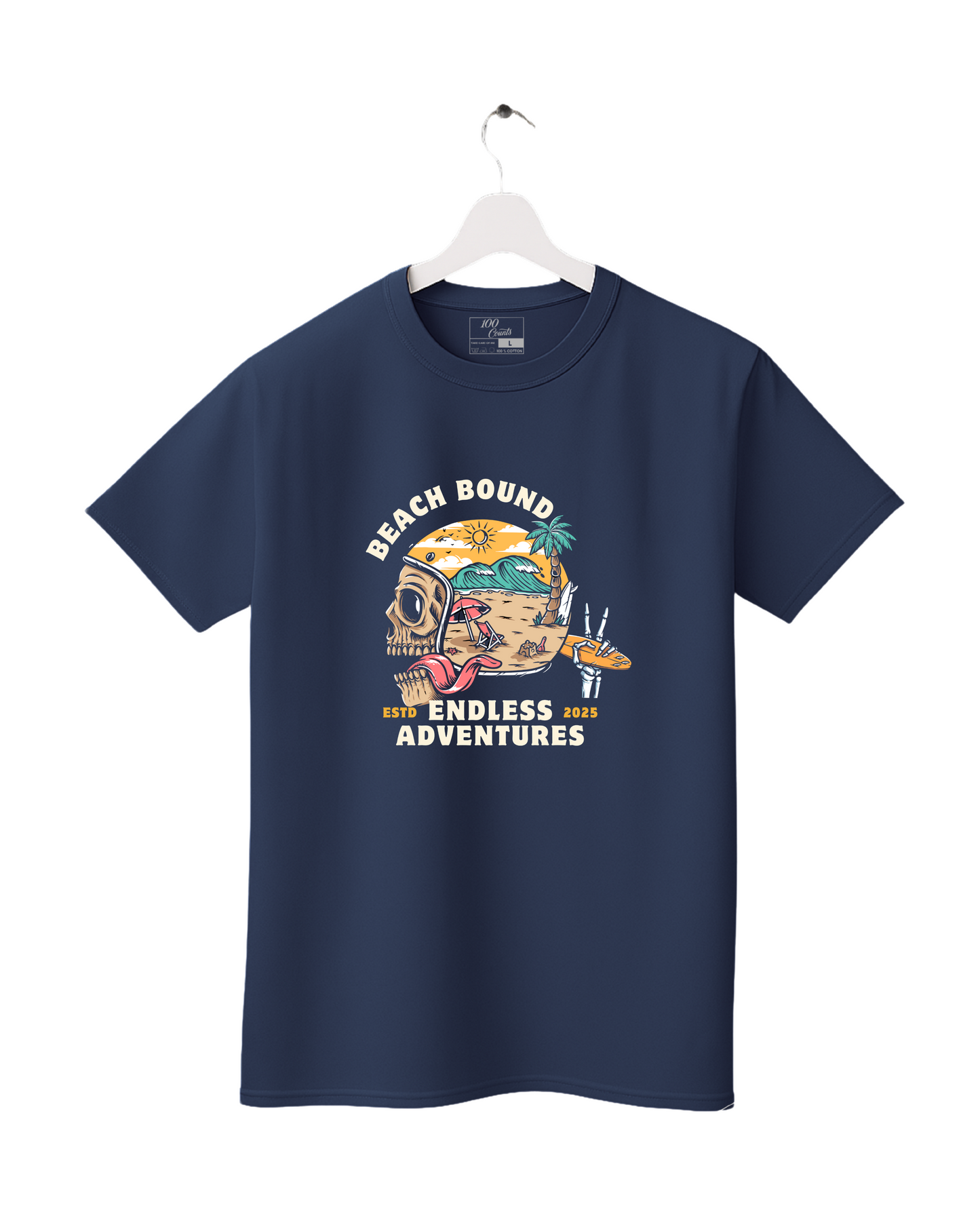 Navy blue t-shirt with 'Beach Bound Endless Adventures' graphic on a white background