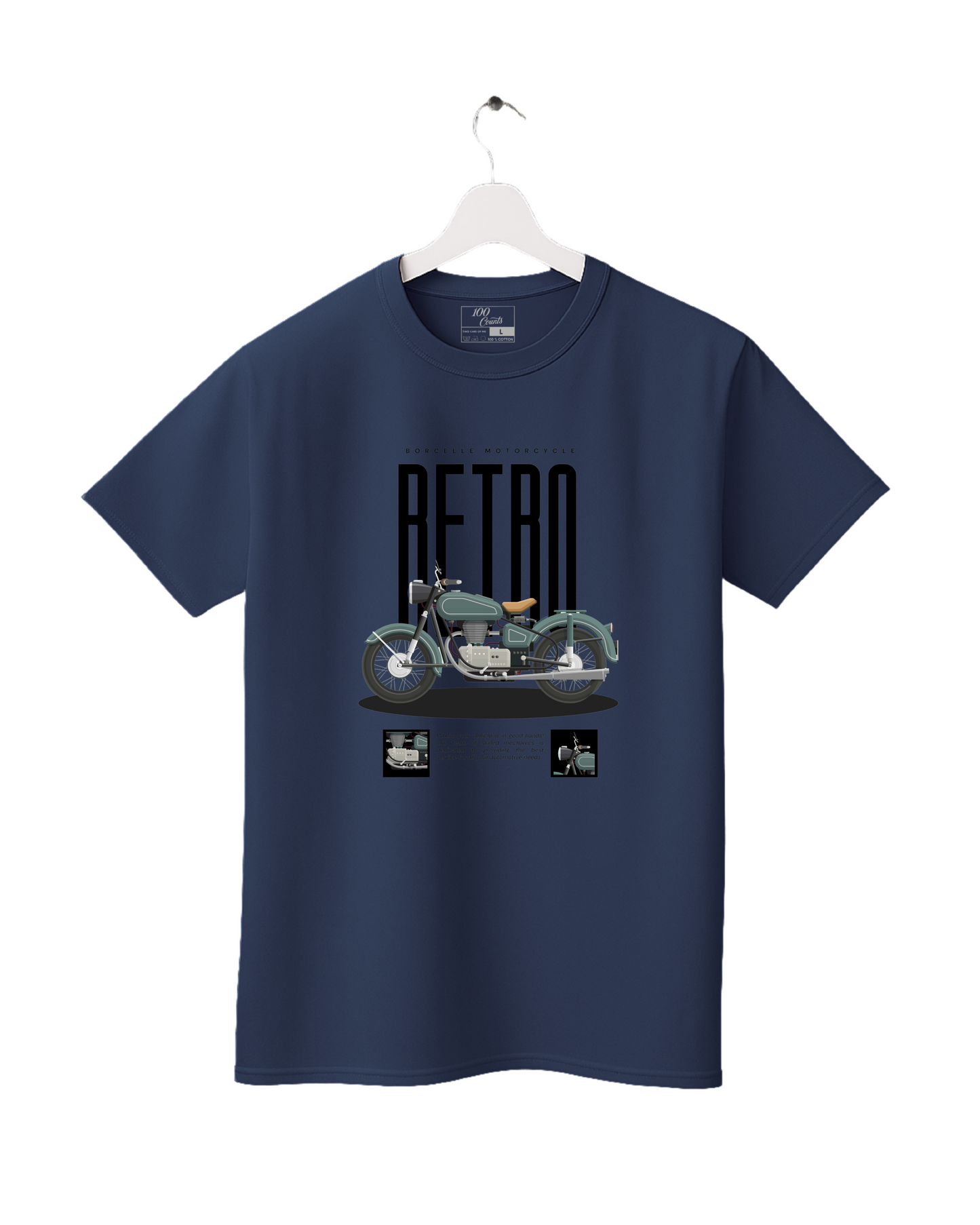 Navy blue t-shirt with a graphic of a vintage motorcycle and the word 'RETRO' on a white background.