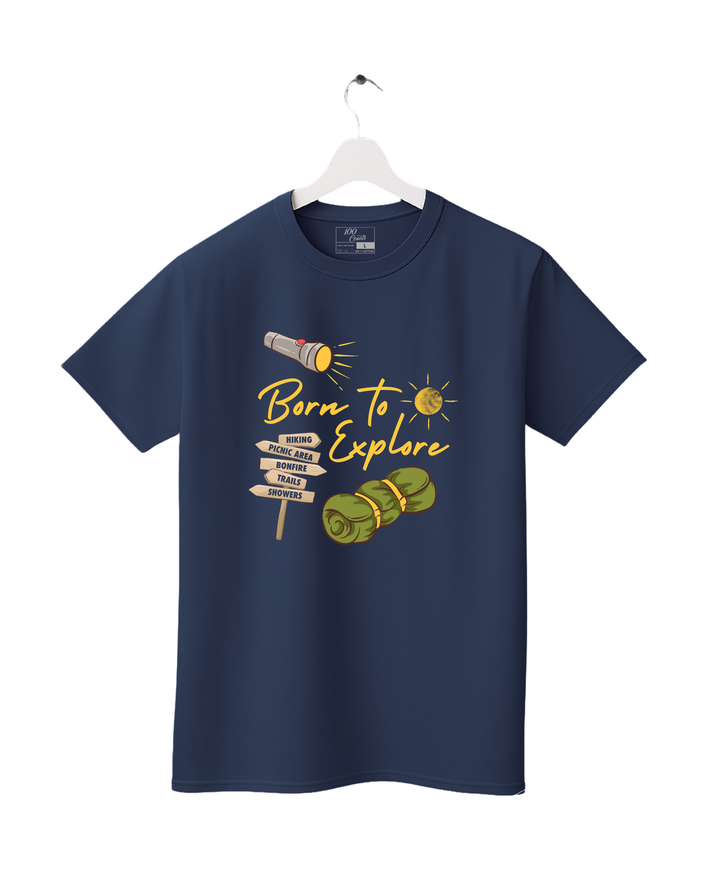 Navy blue t-shirt with 'Born to Explore' graphic on a white background