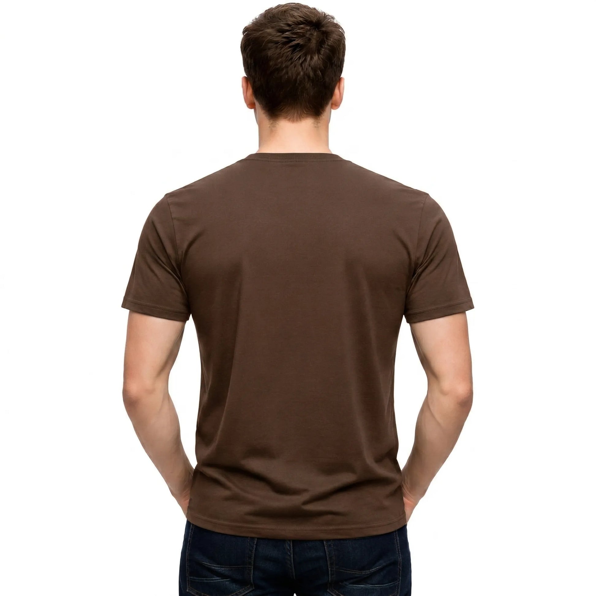 Back view of a male model wearing a blank Dark Chocolate 220GSM half sleeve t-shirt made of 100% Australian Combed Cotton.