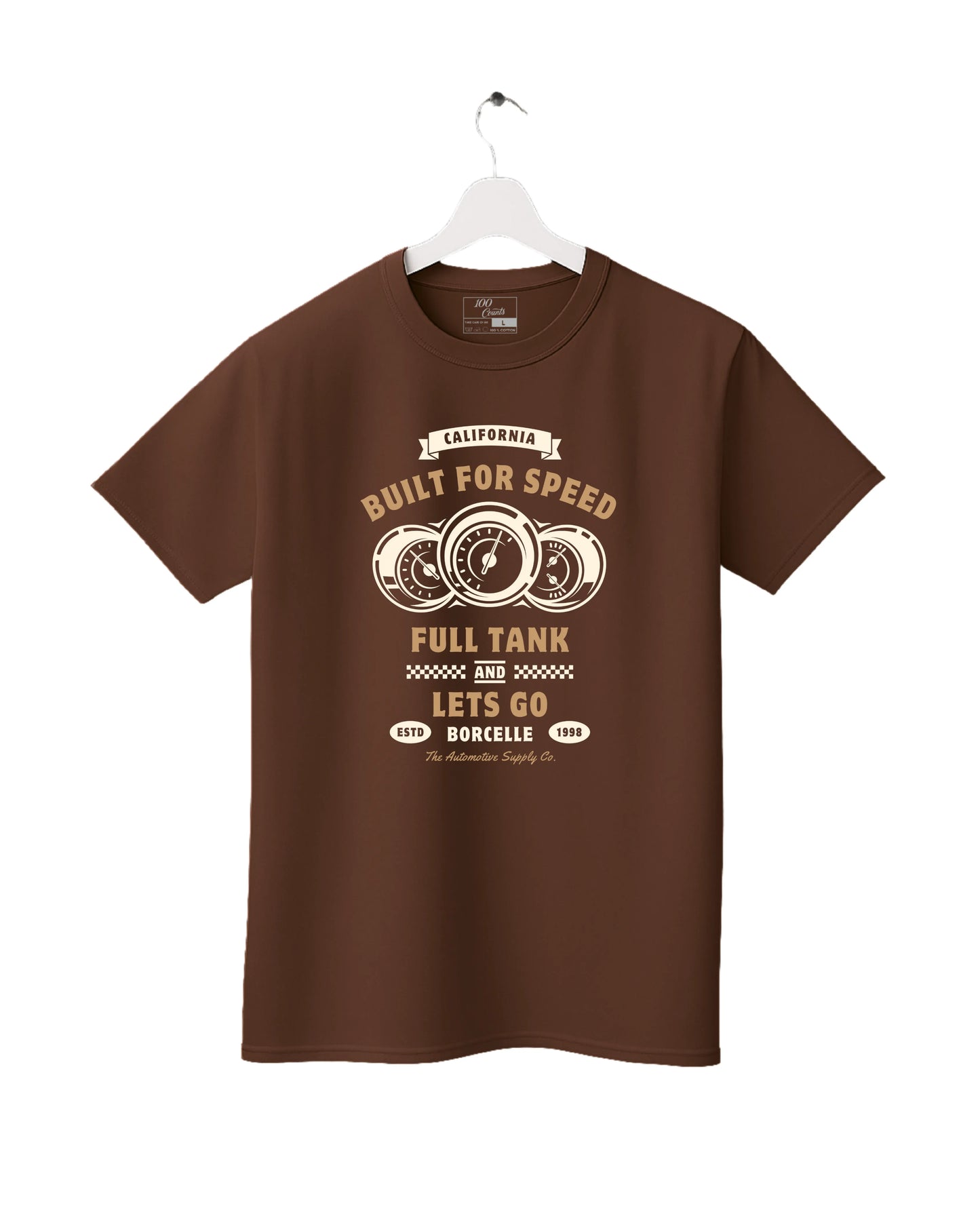 Brown t-shirt with graphic design on a white background