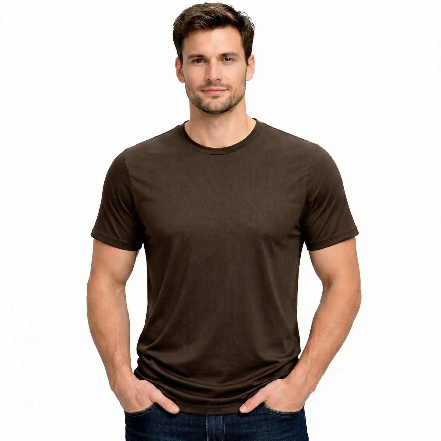 Front view of a male model wearing a blank Dark Chocolate 220GSM half sleeve t-shirt made of 100% Australian Combed Cotton.