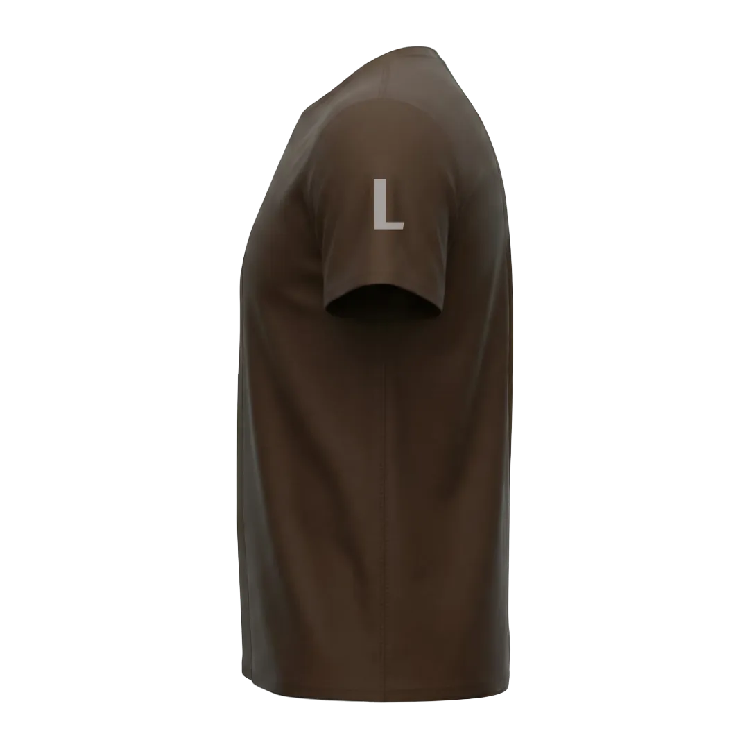 Left Sleeve view of a blank Dark Chocolate 220GSM half sleeve t-shirt made of 100% Australian Combed Cotton.