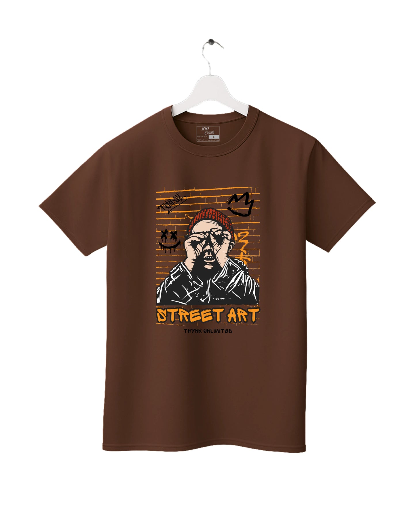 Brown t-shirt with street art design on a white background