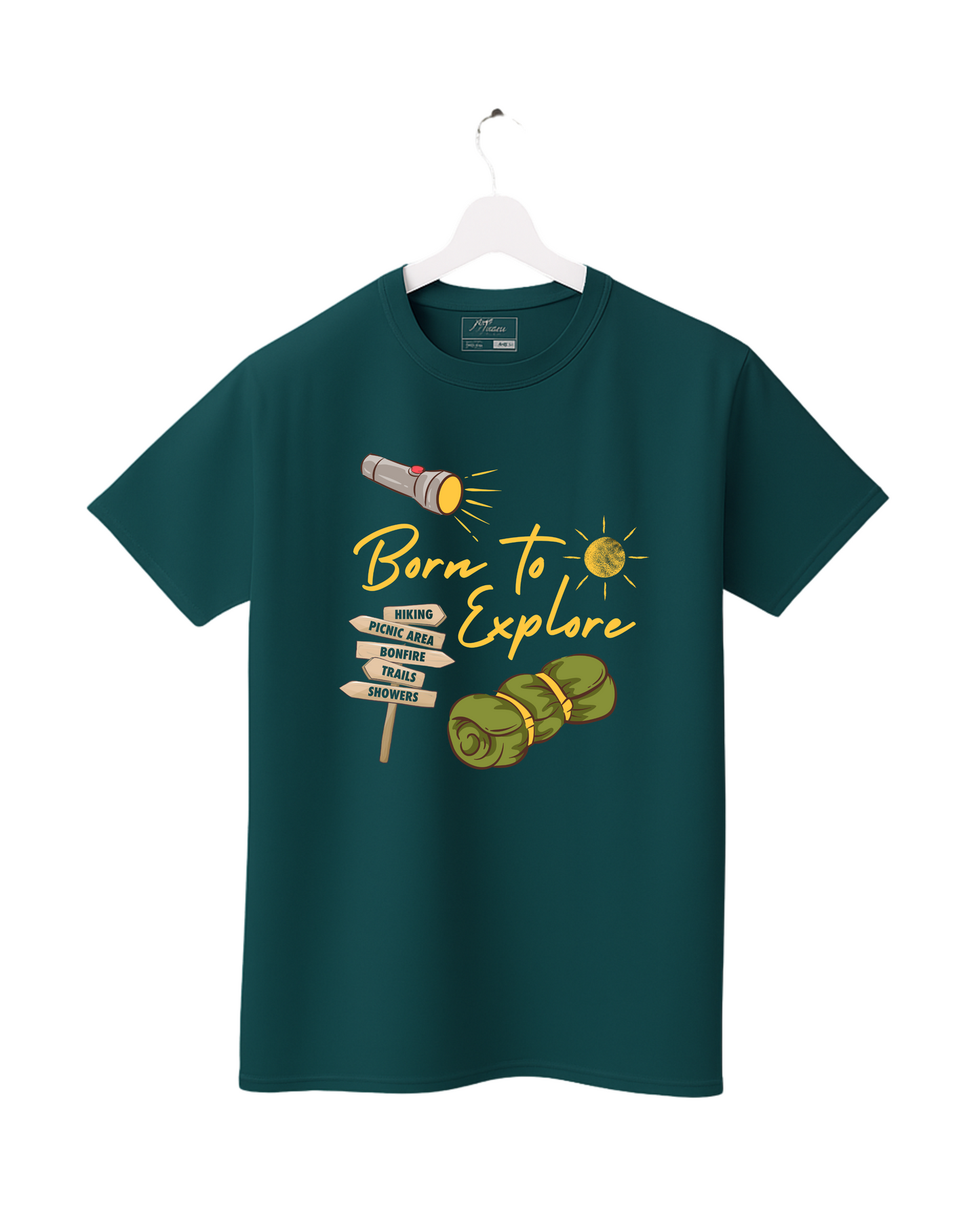 Teal t-shirt with 'Born to Explore' graphic on a white background