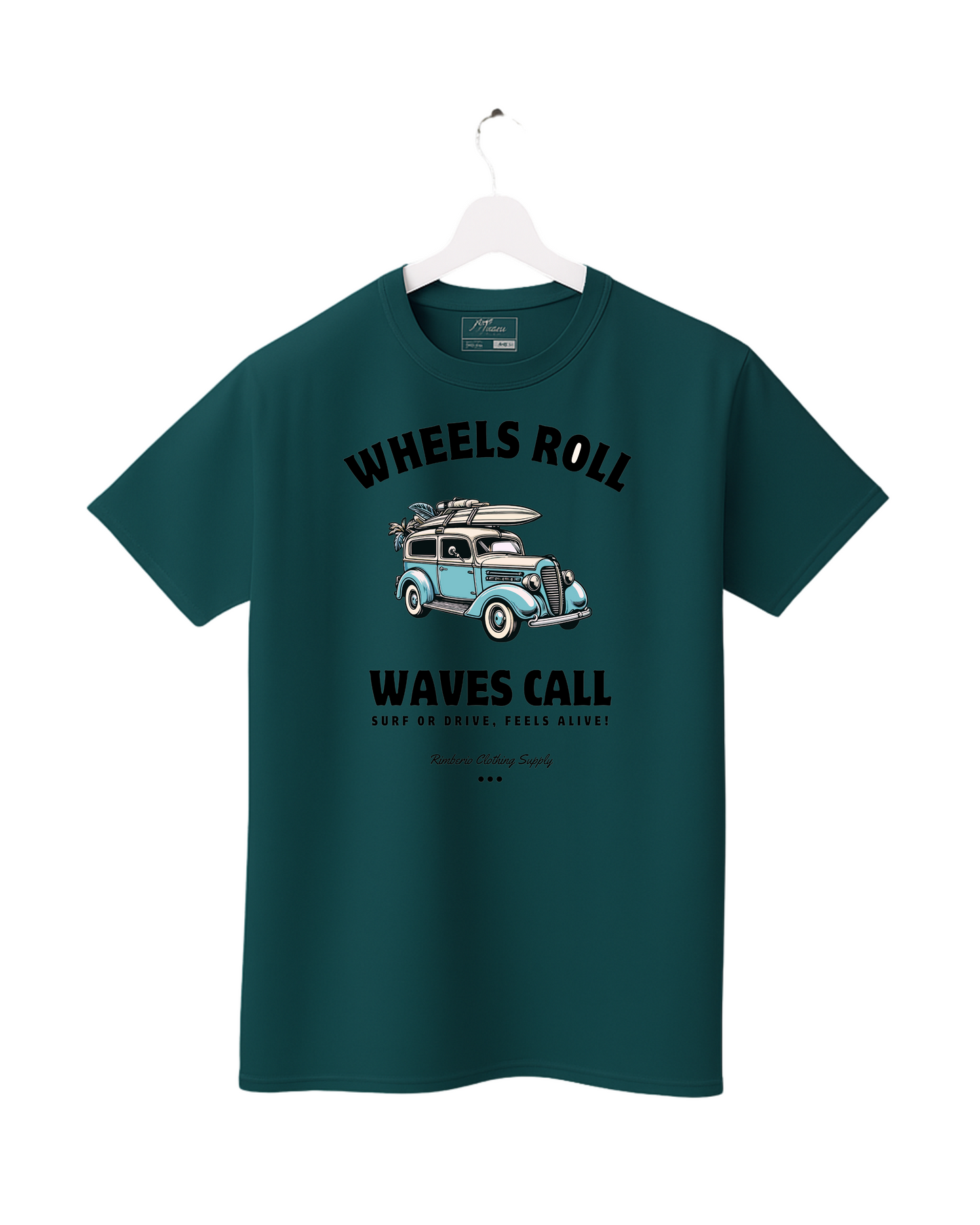 Teal t-shirt with vintage car graphic and text on a white background