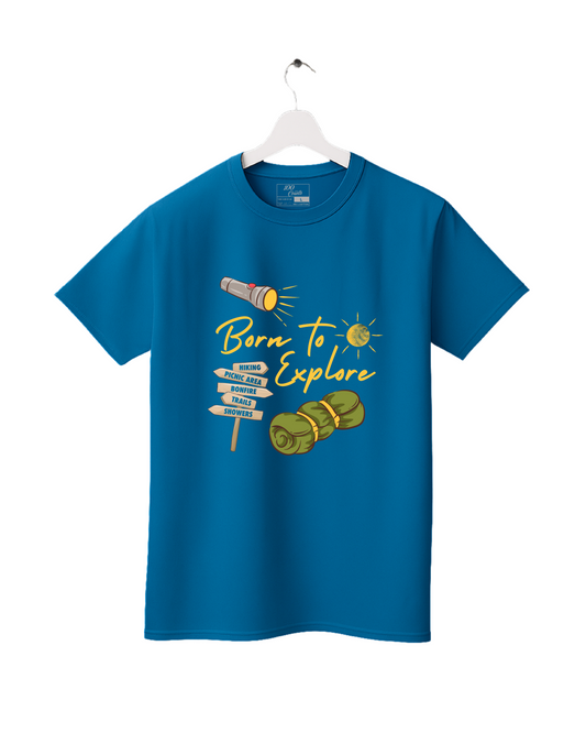 Blue t-shirt with 'Born to Explore' graphic on a white background