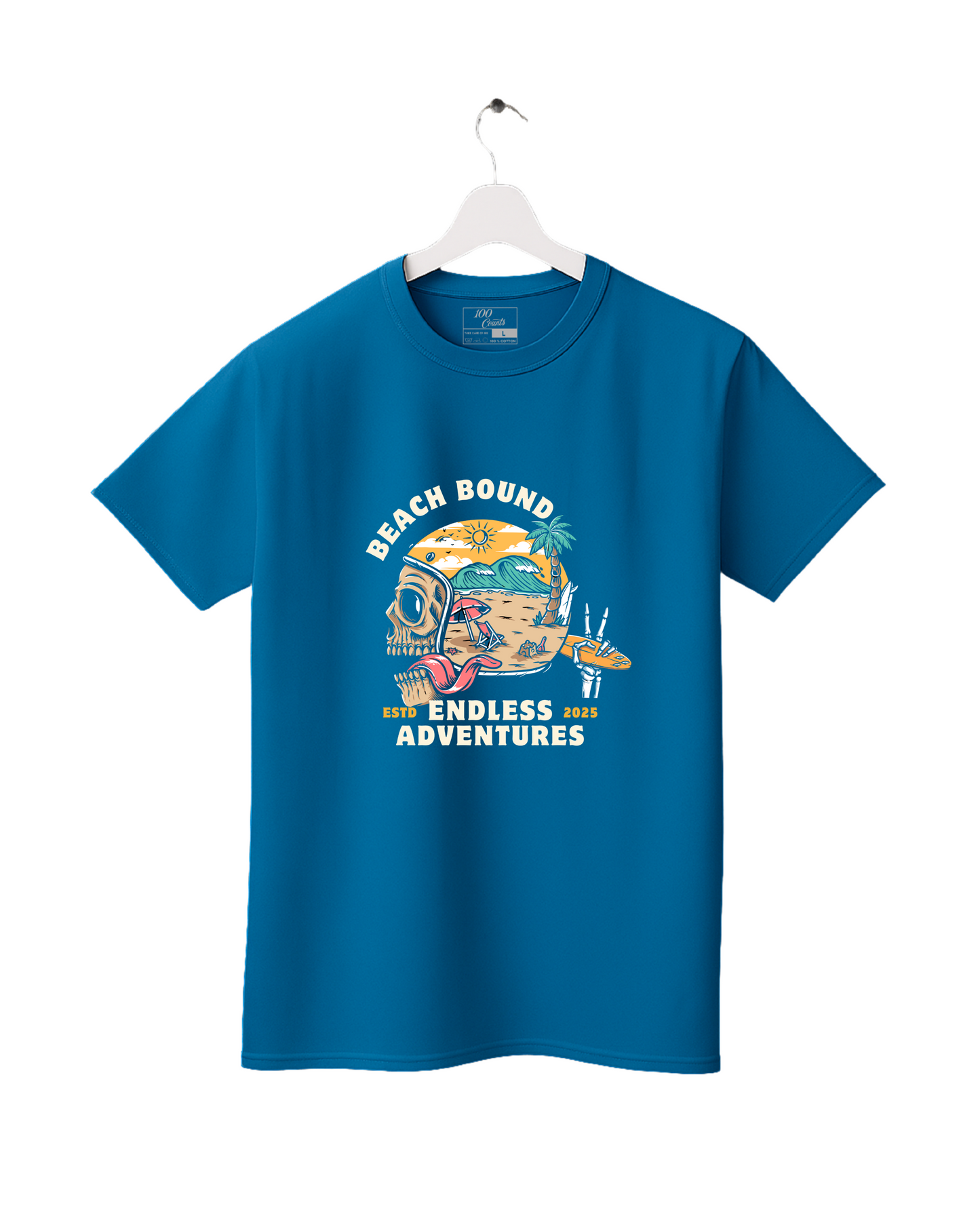 Blue t-shirt with 'Beach Bound Endless Adventures' graphic on a white background