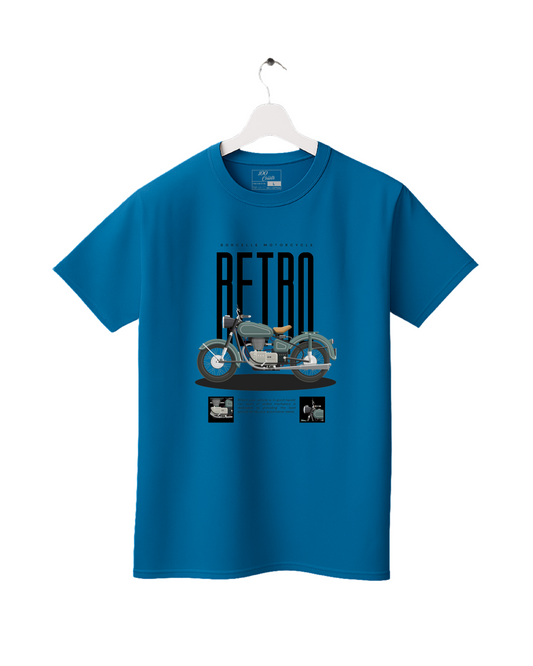 Blue t-shirt with a graphic of a vintage motorcycle and the word 'RETRO' on a white background.
