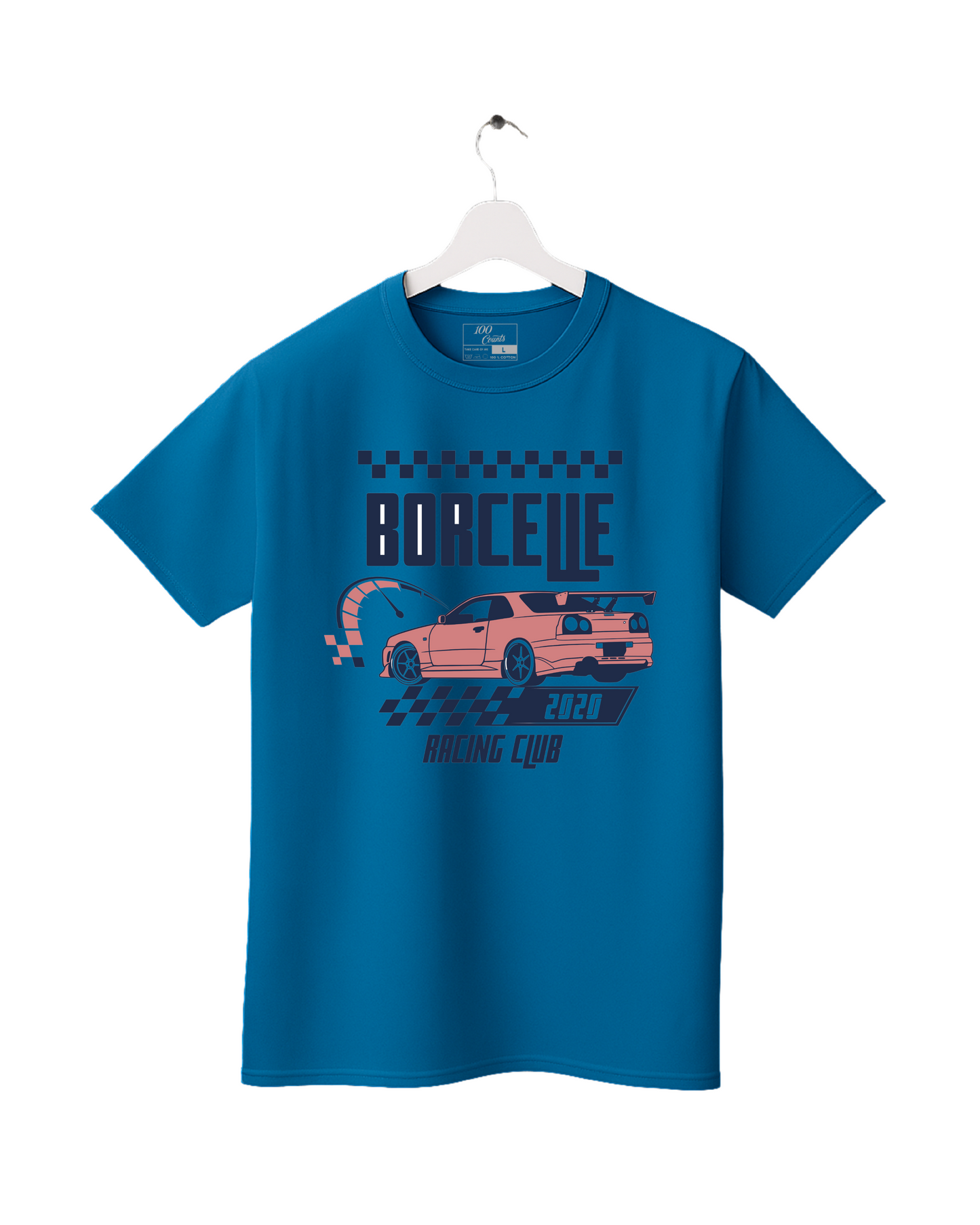 Blue t-shirt with a car graphic and text on a white background