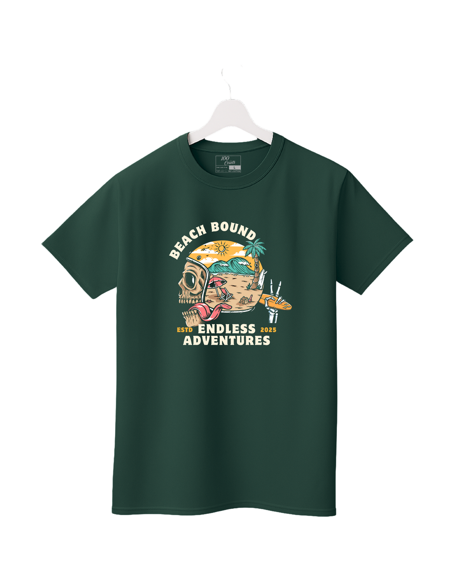 Green t-shirt with 'Beach Bound Endless Adventures' graphic on a white background