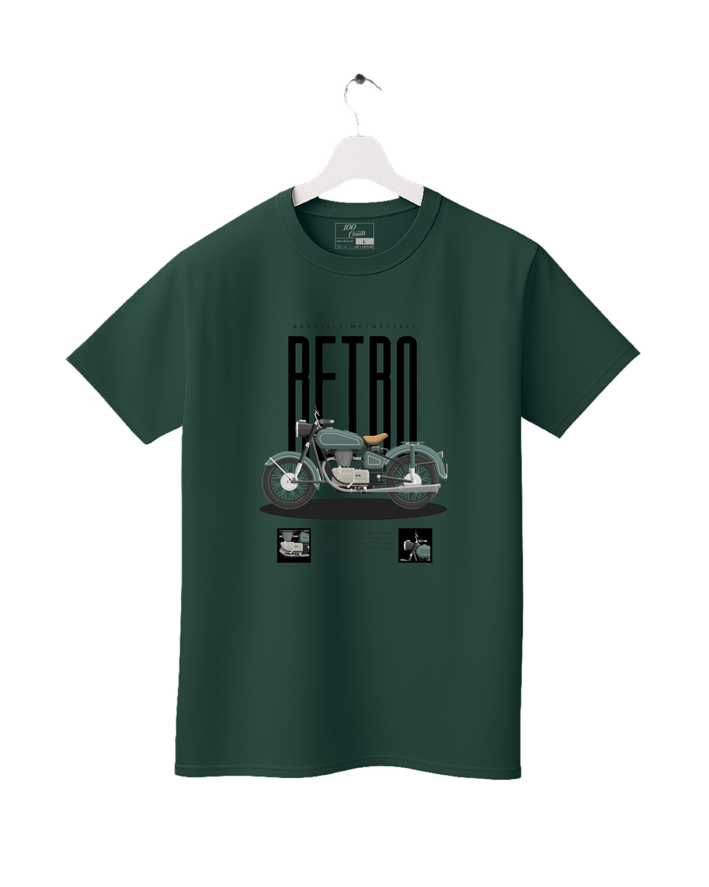 Green t-shirt with a graphic of a vintage motorcycle and the word 'RETRO' on a white background.