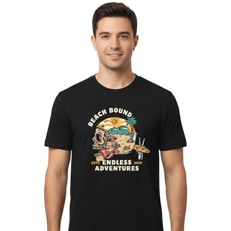 Man wearing a black t-shirt with a beach-themed graphic design on a white background