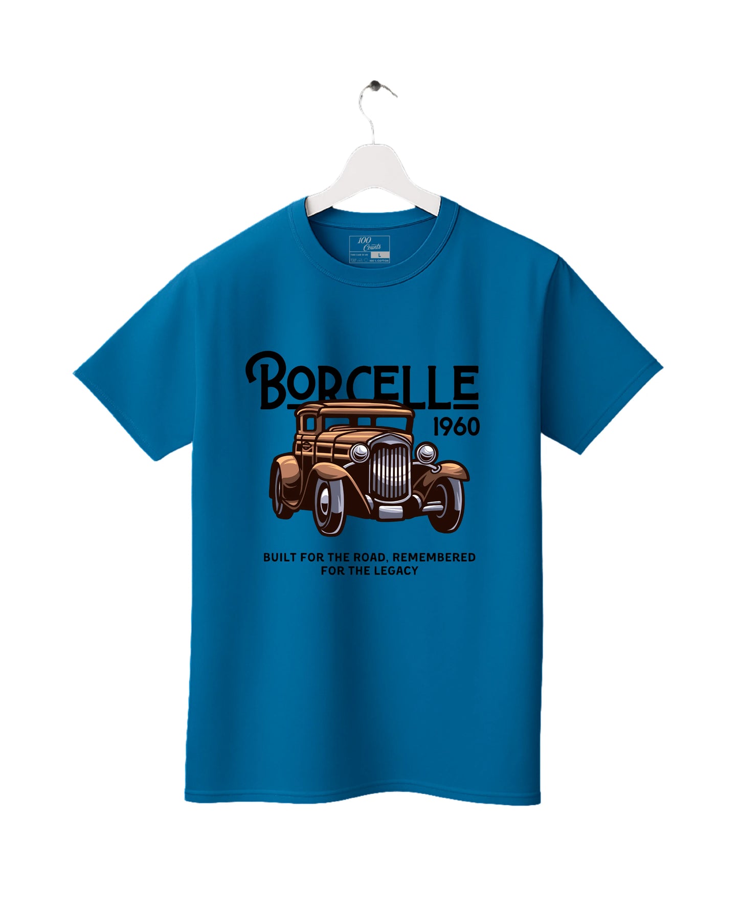 Blue t-shirt with vintage car graphic and text on a white background
