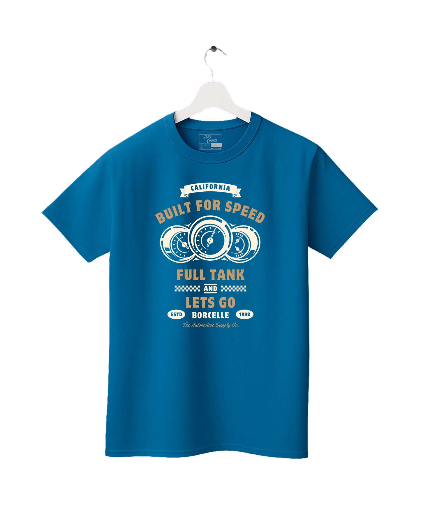 Blue t-shirt with racing graphic and text on a white background