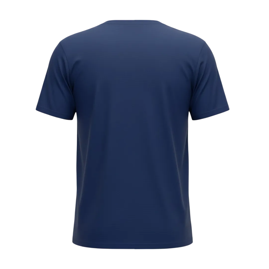 Back view of a blank Indigo 220GSM half sleeve t-shirt made of 100% Australian Combed Cotton.